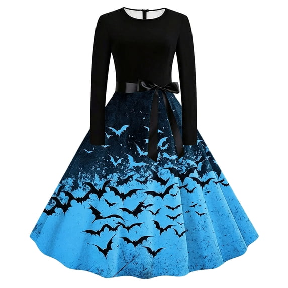 Halloween Costumes Women , Ladies Casual Dress Gothic Retro Fashion Print Long Sleeve A Line Pleated Swing Dress Round Neck Vintage Witch Party Cocktail Dresses