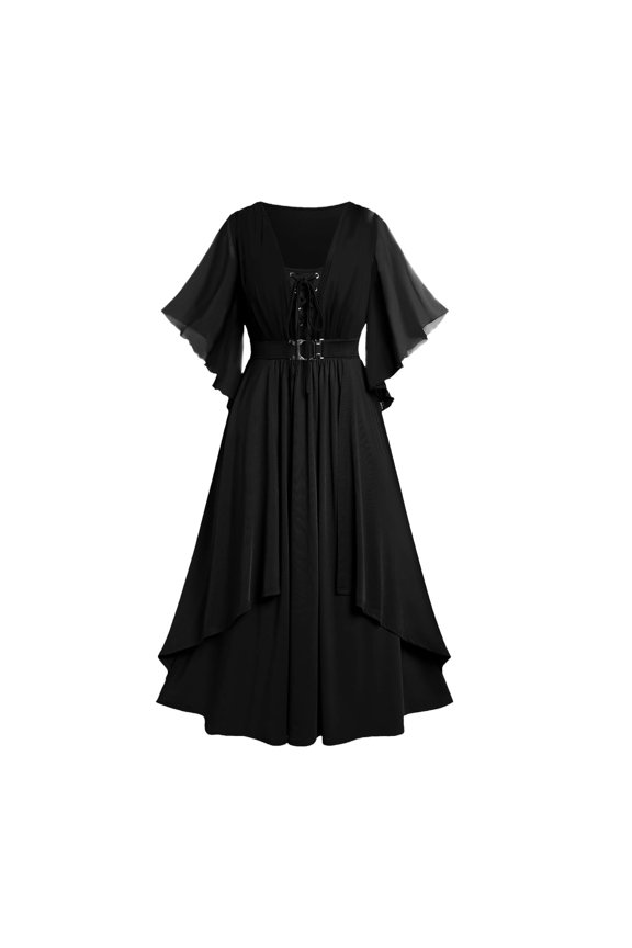 Halloween Costumes Women Medieval Fairy Renaissance Gothic Dresses Mesh Swing Sleeve Lace Up Cosplay Maxi Dress