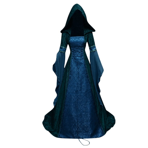 Halloween Costumes for Women, Medieval Gothic Hooded Dress, Lace Up Corset Waist Renaissance Costume, Vintage Long Sleeve Cosplay Gown for Halloween, Renaissance Fair & Themed Parties