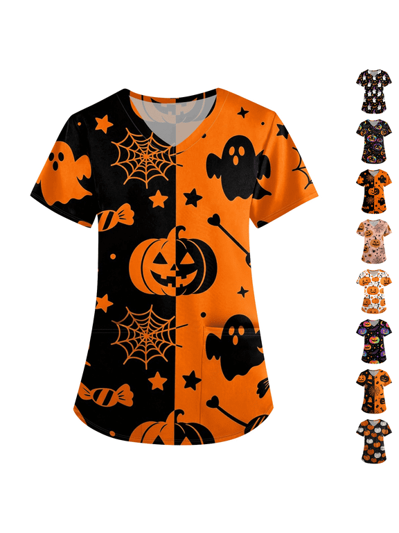 Halloween Costumes Women Short Sleeve Scrub Tops Halloween Decorations Crewneck Black Cat Pumpkin Latern Print Casual Loose Fit Cute T Shirts Orange 4XL