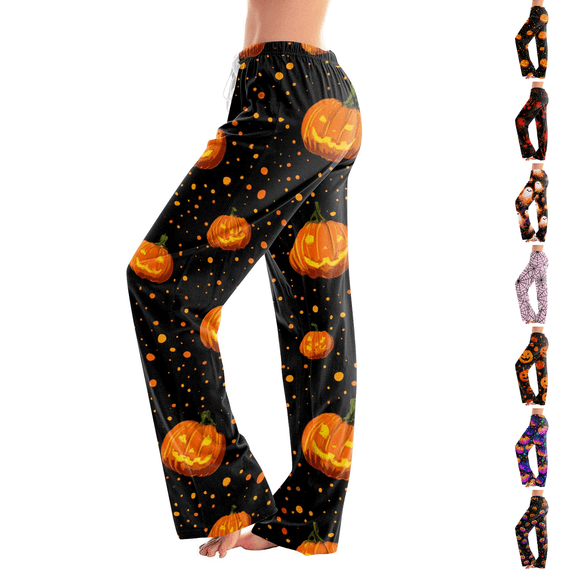 Halloween Costumes Womens Pajama Pants Drawstring Pull On Halloween Haunted House Pumpkin Printed Light Thin Stretch Bottoms Black XL