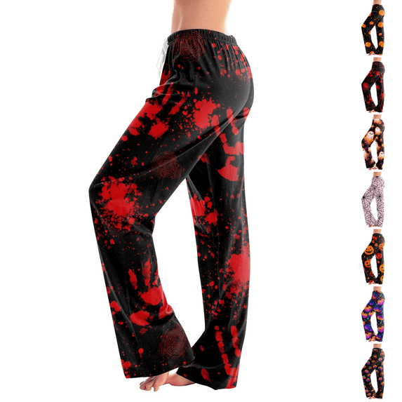 Halloween Costumes Womens Pajama Pants Drawstring Pull On Halloween Haunted House Pumpkin Printed Light Thin Stretch Bottoms Deep Red 2XL