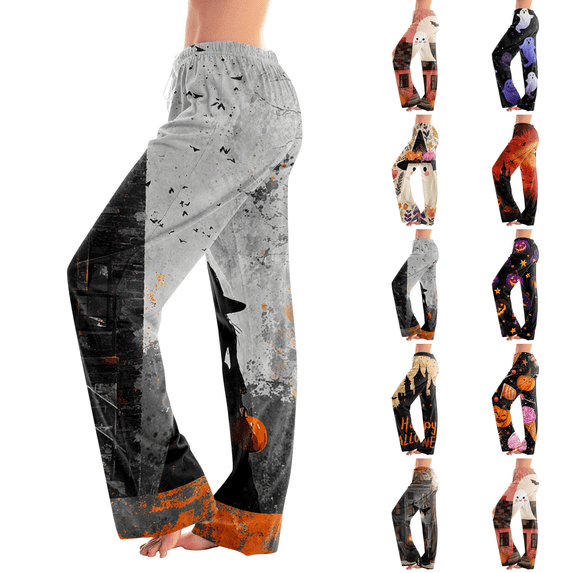 Halloween Costumes Womens Pajama Pants Lounge Sleepwear Pjs Bottom Halloween Floral Printed Elastic Waist Pajama Bottoms Gray 2XL