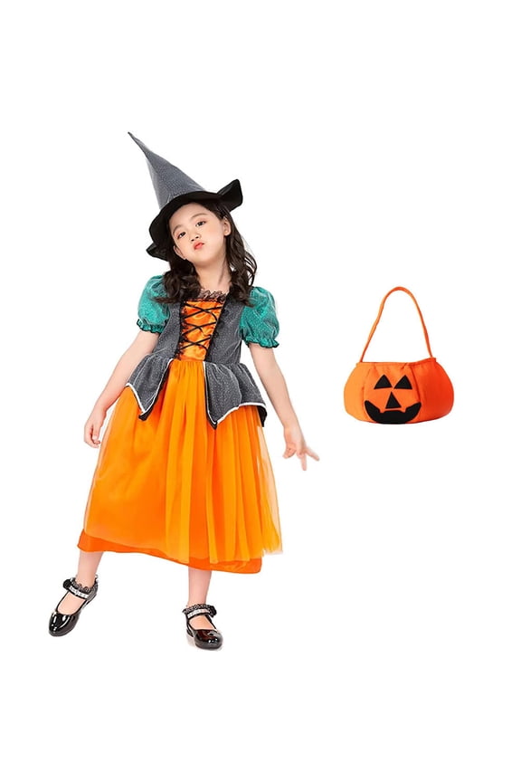 Halloween Costumes for Girls Kids Pumpkin Witch Dress With Bag