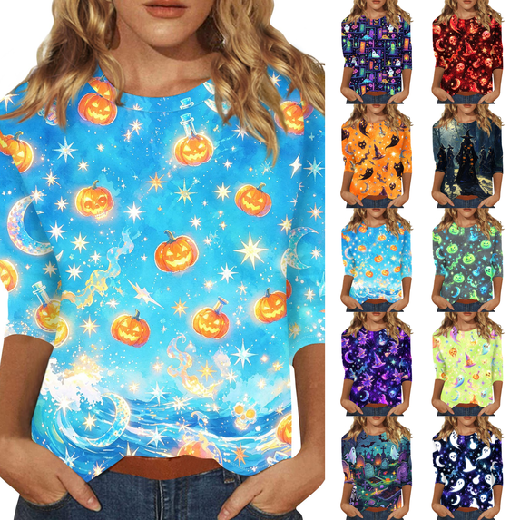 Halloween Costumes for Women 3/4 Length Sleeve Tops Halloween Skull Graphic Loose Fit Daily Wear Crewneck T Shirts Blue M