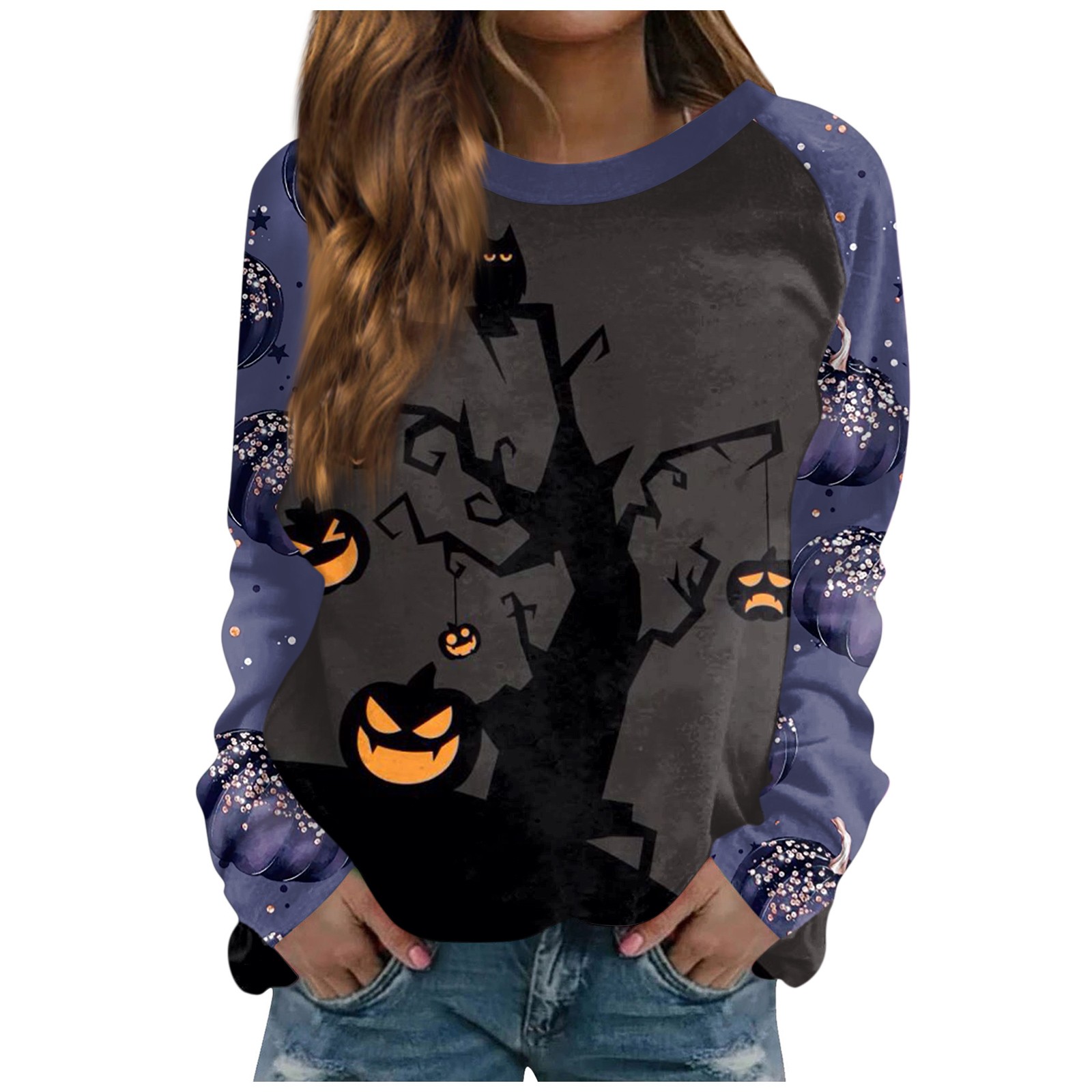 Halloween Costumes for Women Pumpkin Cat Pattern Pullover Tops Long