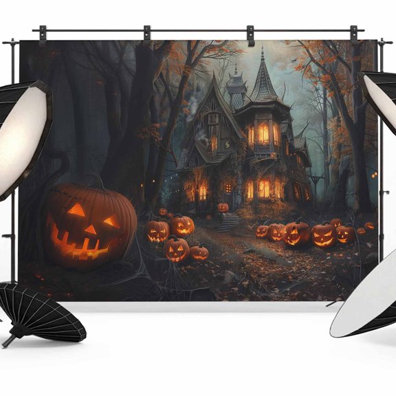 Halloween Cottage Backdrop for Photoshoot,Photography Photo Studio Background Wall Backdrop,Fall Autumn Retro Forest Castle Pumpkin Back Drop Banner Panel for Portraits Wedding Live Streaming 7x5Ft