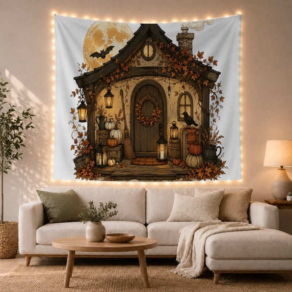 Halloween Cottage Door With Pumpkins and Bats, Cozy Gothic Style for Gothic Decor Fans, Spooky Wall Art, Halloween Gift, Tapestry Wall Hanging for Entryway and Living Room