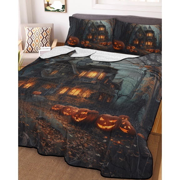 Halloween Cottage King Size Down Alternative Comforter,Lightweight Comforter Quilt Bedding Set with Pillow Shams Fall Autumn Retro Forest Castle Pumpkin Bed Comforter Duvet Insert 96"x106"