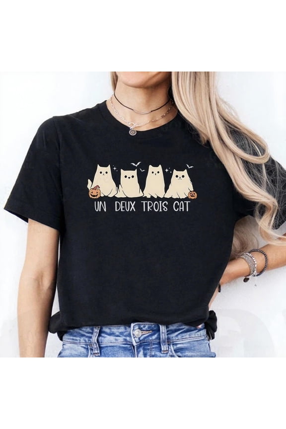 Halloween Cotton Comfortable Cat Graphic Tee Spooky T Shirt Tops Short Sleeve Round Neck Black S-5XL