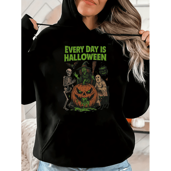 Halloween Cotton "Every Day is Halloween" graphic hooded long-sleeved Comfortable and well-fitting black S-2XL