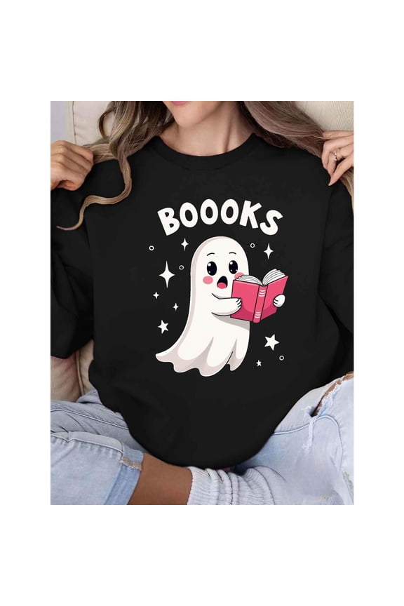 Halloween Cotton Ghost Graphic Sweatshirt Top Reading Books Book Text Design Long Sleeve Round Neck Black S-3XL