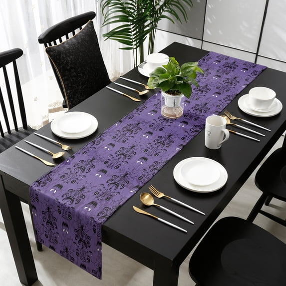 Halloween Cotton Linen Table Runner 13 x 90 inch Halloween Haunted House Pumpkins Purple Background Non-slip Rectangular Dining Table Decor for Wedding Party Holiday Dinner