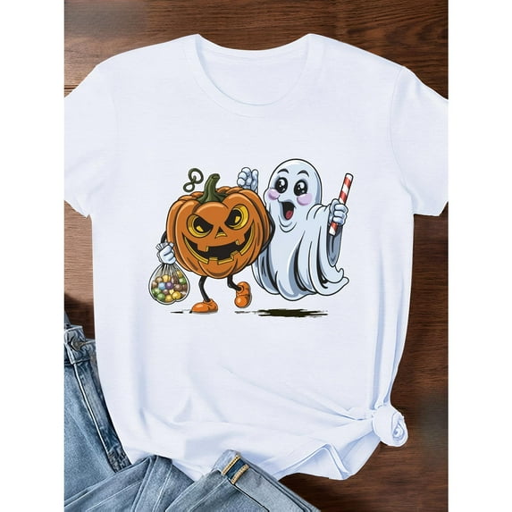 Halloween Women's Pumpkin Ghost Sports Graphic for Fall Tee T Shirt Top Short Sleeve Timeless Versatile Tee White S-5XL