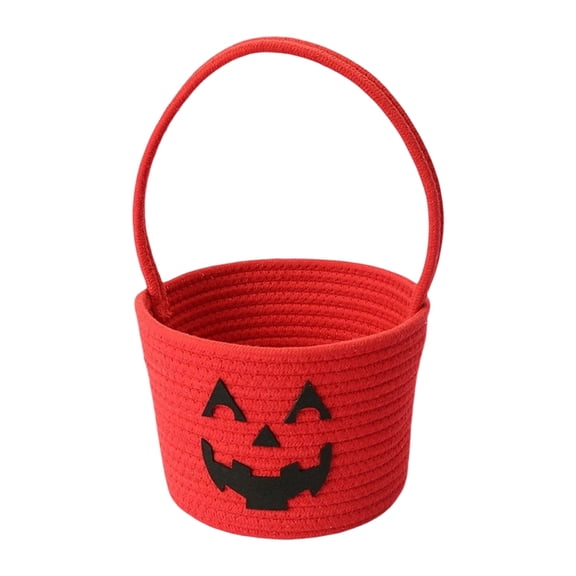 Halloween Cotton Rope Basket, Jack-o'-Lantern Pumpkin Design, 1 Piece Portable Handle Basket, Trick or Treat Candy Holding Storage Bucket for Halloween Party Holiday Home Decoration