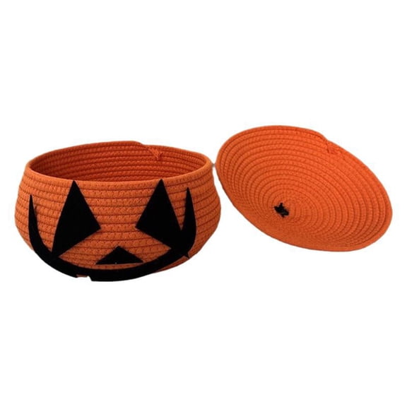 Halloween Cotton Rope Storage Basket with Lid, Pumpkin Woven Storage Bin, Container for Snacks, Towels, Plants Orange