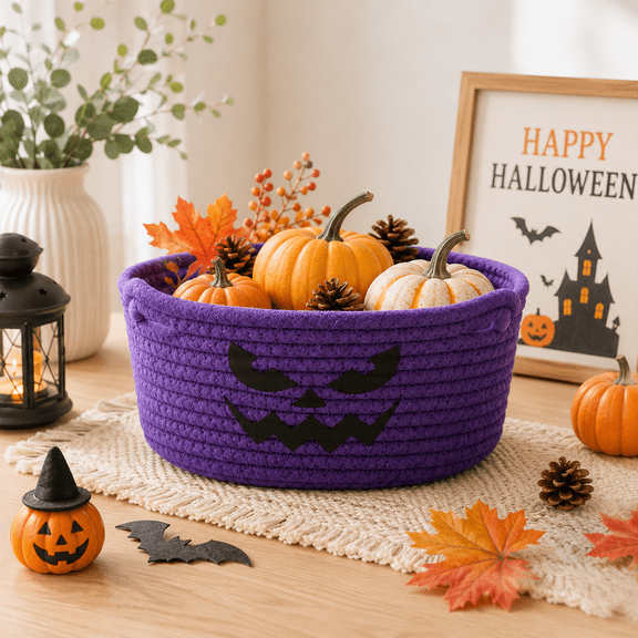 Halloween Cotton Rope Woven Basket, Cute Cat Face Storage Bin for Makeup Socks Candy Nursery Decor