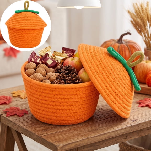 Halloween Cotton Rope Woven Pumpkin Basket, Cute Thanksgiving Pumpkin Ornament, Fall Harvest Decorative Storage Box with Lid for Snacks Candy Cosmetics Jewelry Stationery & Sundries