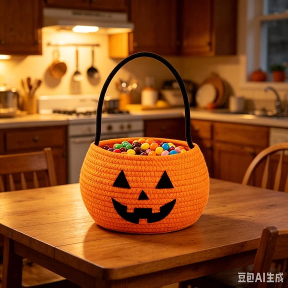 Halloween Cotton Rope Woven Trick-or-Treat Basket, Pumpkin Face Handheld Storage Tote for Kids Candy Collecting