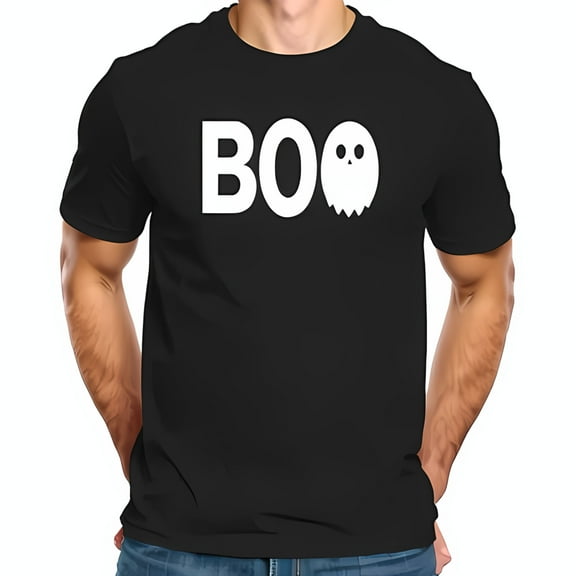Halloween Cotton Short Sleeve T-Shirt - " BOO " Graphic with Cute Ghost Design - Casual Black Tee for Festive Occasions
