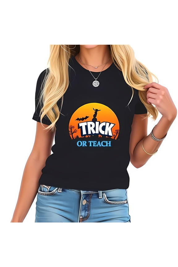 Halloween Cotton Short Sleeve T-Shirt - " Trick or Teach " with Witch Bat & Sunset Design - Casual Teacher Tee