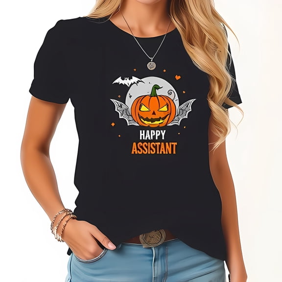 Halloween Cotton Short Sleeve T-Shirt with Grinning Bat Wings Design " Happy Assistant " Text