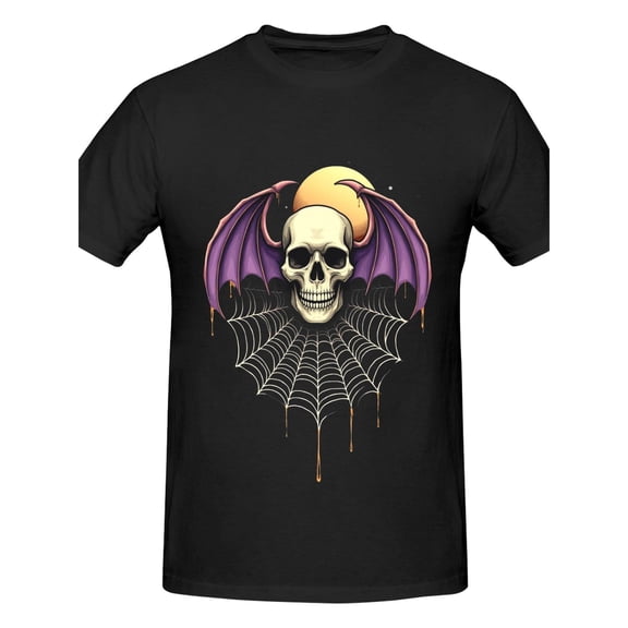 Halloween Cotton Skull Graphic Tee T Shirt Top Bat Wings Spider Web Design Short Sleeve Black S-5XL