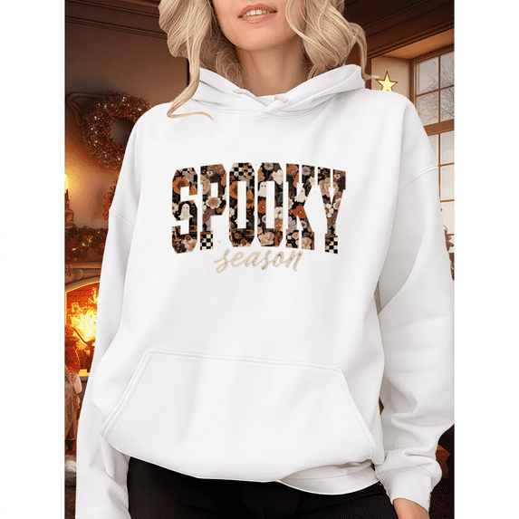 Halloween Cotton Spooky season Graphic hooded Long Sleeve Comfortable and well-fitting White,S-2XL