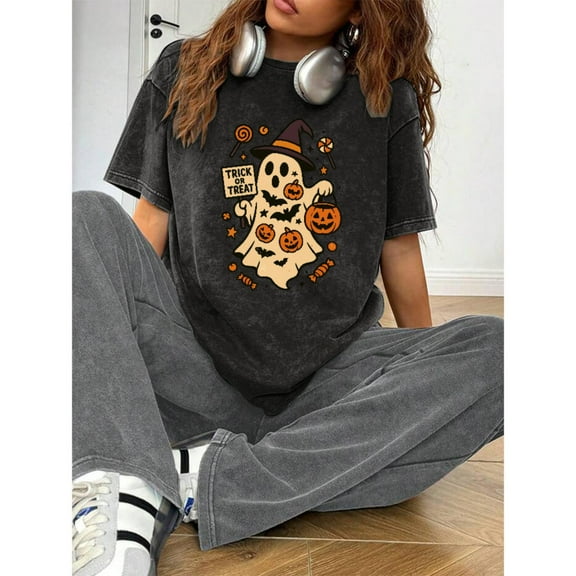 Halloween Casual Trick or Treat Graphic Tee T Shirt Top Short Sleeve Round Neck Black S-2XL Plus Size