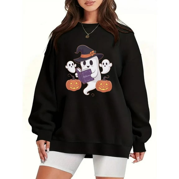 Halloween Witch Graphic Top Pumpkin Ghost Bat Jack O Lantern Design Long Sleeve Round Neck Black S-3XL