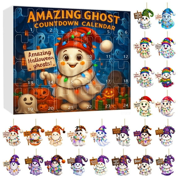 Halloween Countdown Calendar 2025 - 24 Days Double-Sided 2D Acrylic Print Pendants Set, Cute Cartoon AI Printed Ornaments for Tree Decor, Car & Gift Bag Accessories (Size/Style as Pictured)