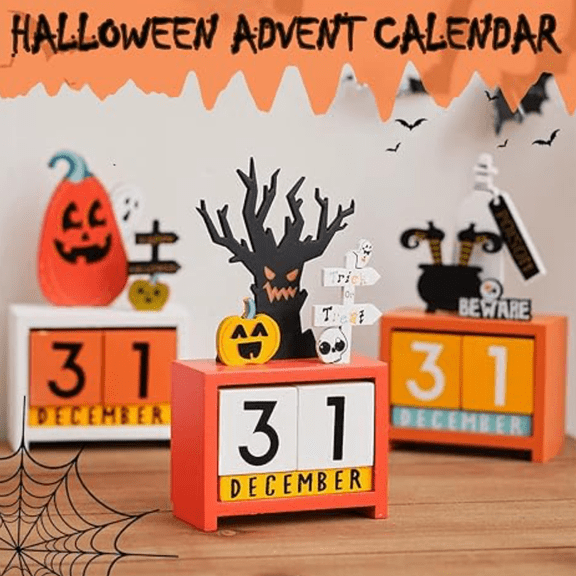 Halloween Countdown Calendar, Wooden Perpetual Desk Block Calendar with Spooky Tree Pumpkin Ghost Decor, Reusable DIY Calendar for Shelf Mantel Halloween Decor