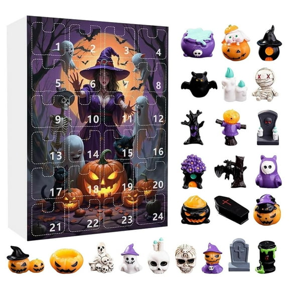 Halloween Countdown Calendar with 31 Spooky Figurines - Resin Coffin Advent Calendar for Home Decor, Party Centerpiece & Collector's Display