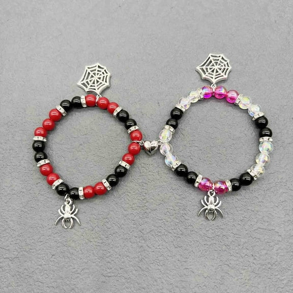 Halloween Couple Magnetic Bracelet with Spider Pendant and Red Black Beads, Adjustable Design for Spooky Holiday Gifts and Couples Events