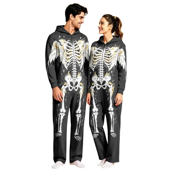 Halloween Couple Matching One‑Piece Jumpsuit, Adult Hooded Long‑Sleeve Full Skeleton Printed Loungewear Onesie