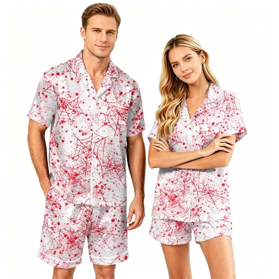 Halloween Couple Pajamas Matching Sets Button Up Pajamas Halloween Pj Set Halloween Pajamas Spooky Pajamas Women Couple Matching Pajamas Sets Women & Men Button Down Pjs Men, White, M
