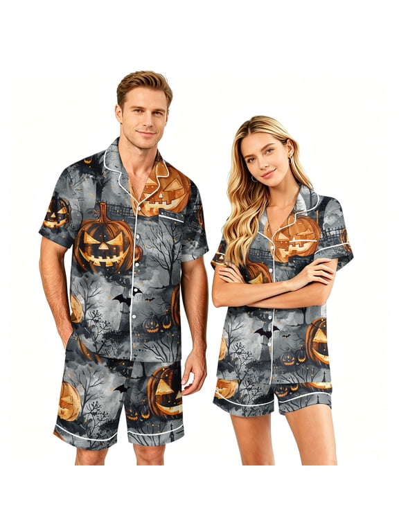 Halloween Couple Pajamas Matching Sets Button Up Pajamas Halloween Pj Set Halloween Pajamas Spooky Pajamas Women Couple Matching Pajamas Sets Women & Men Button Down Pjs Men, Yellow, M