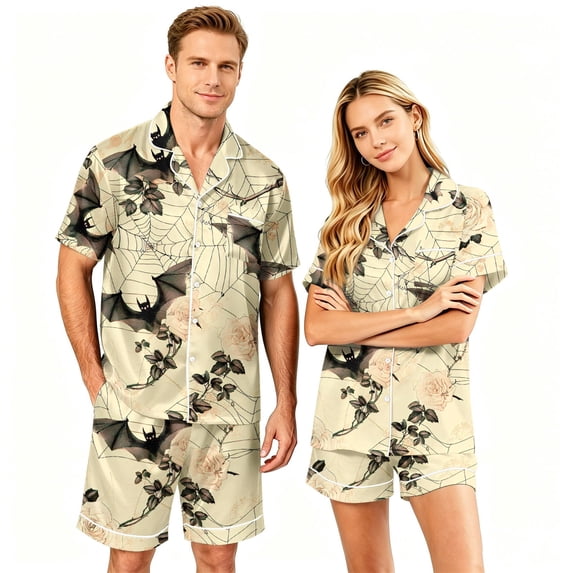 Halloween Couple Pajamas Matching Sets Halloween Pajamas Spooky Pajamas Women Button Up Pajamas Halloween Pj Set Couple Pajama Sets Soft Cotton Button Down Pajamas Men Women Sleepwear, Black, L