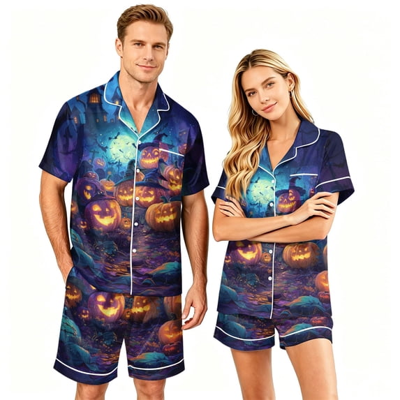 Halloween Couple Pajamas Matching Sets Halloween Pajamas Spooky Pajamas Women Button Up Pajamas Halloween Pj Set Couple Pajama Sets Soft Cotton Button Down Pajamas Men Women Sleepwear, Green, L