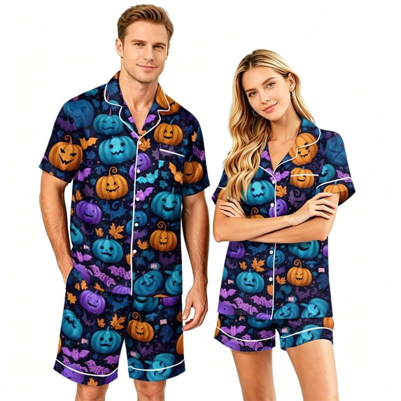 Halloween Couple Pajamas Matching Sets Halloween Pj Set Spooky Pajamas Women Halloween Pajamas Button Up Pajamas Matching Pajamas for Couples 2 Piece Lounge Set Button Down Pajama, Green, XL