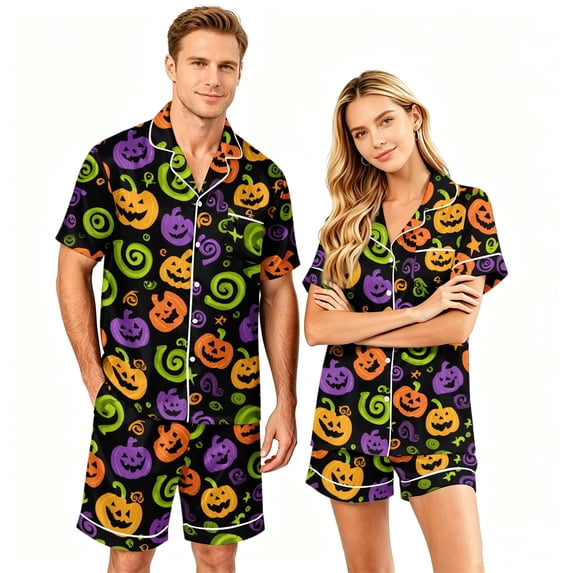 Halloween Couple Pajamas Matching Sets Halloween Pj Set Spooky Pajamas Women Halloween Pajamas Button Up Pajamas Matching Pajamas for Couples 2 Piece Lounge Set Button Down Pajama, Purple, L