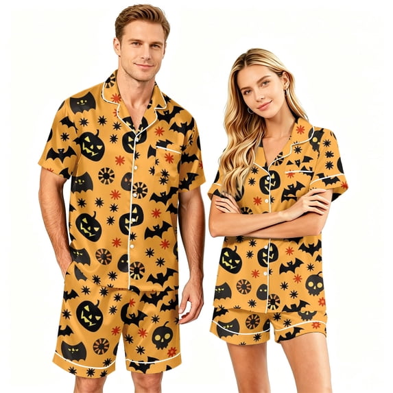 Halloween Couple Pajamas Matching Sets Matching Halloween Pajamas Button Up Pajamas Halloween Pj Set Spooky Pajamas Women Couple Matching Pajamas Sets Women Men Button Down Pjs, Yellow, M