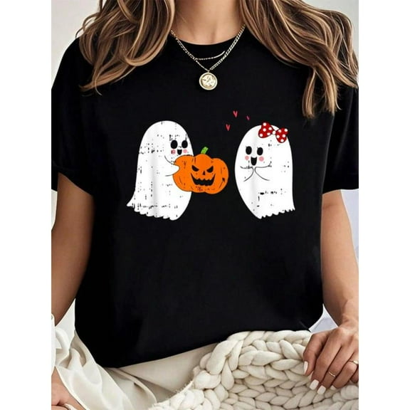 Halloween Couple Tee Cute Pumpkin T Shirt Cotton Graphic Tees Costume Tops Couples Comfort Black S-5XL