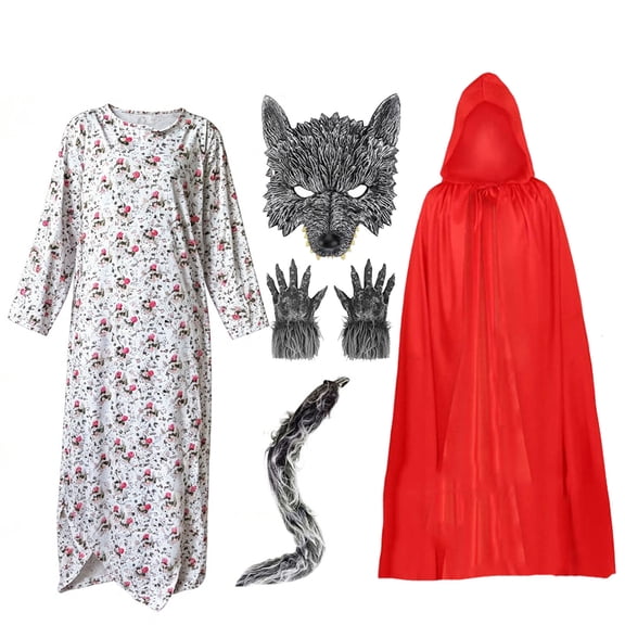 Halloween Couples Costume Including Scary Wolf Granny Costume and Red Hood Cloak Cape,Big Bad Wolf Couples Costume,Big Bad Granny Wolf Costume with Mask and Tail & Gloves Outfit