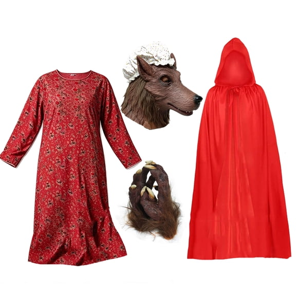 Halloween Couples Costume Including Wolf Granny Costume with Red Hood Cape,Big Bad Wolf Couples Costume with Mask & Gloves Accessories