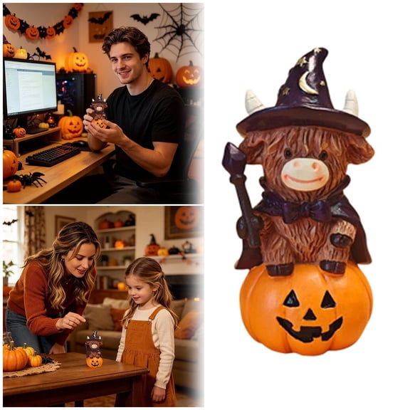 Halloween Cow Decorations, Scottish Resin Statue with Pumpkin for Home Garden Kitchen Tiered Tray Table, Witch Highland Cow Figurine