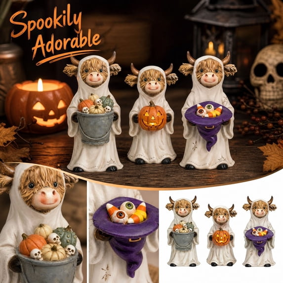 Halloween Cow Figurines, Rustic Resin Farm Animal Decorations with Pumpkin and Eyeball Details, Tabletop Shelf Mantel Desk Entryway and Party Display Accents