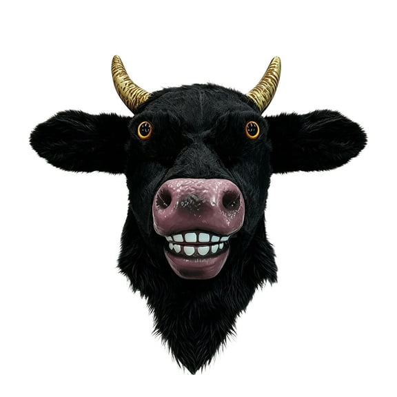 Halloween Cow Mask with Moving Jaw,Realistic Bull Mask Prop,Mouth Movable Bull Mask,Furry Plush Fursuit Cattle Head Mask Costume