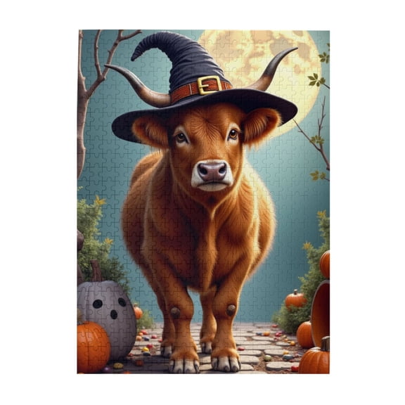 Halloween Cow In Witch Hat 500Piece Adult Jigsaw Puzzle Fun & Challenging Brain Teaser For Puzzle Lovers Vibrant Artwork & Quality Pieces Great Gift Idea For Adults Home Decor