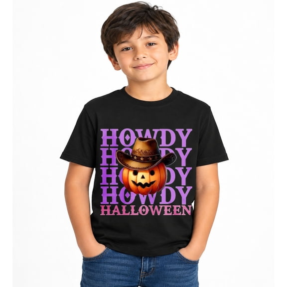 Halloween Cowboy Pumpkin Graphic T-Shirt for Boys, Fun Spooky Short Sleeve Shirt for Fall